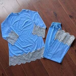 VTG  70s Gilead Blue Pajama Set Lace Trim 2 Piece Sleepwear Nylon Retro Sz Small